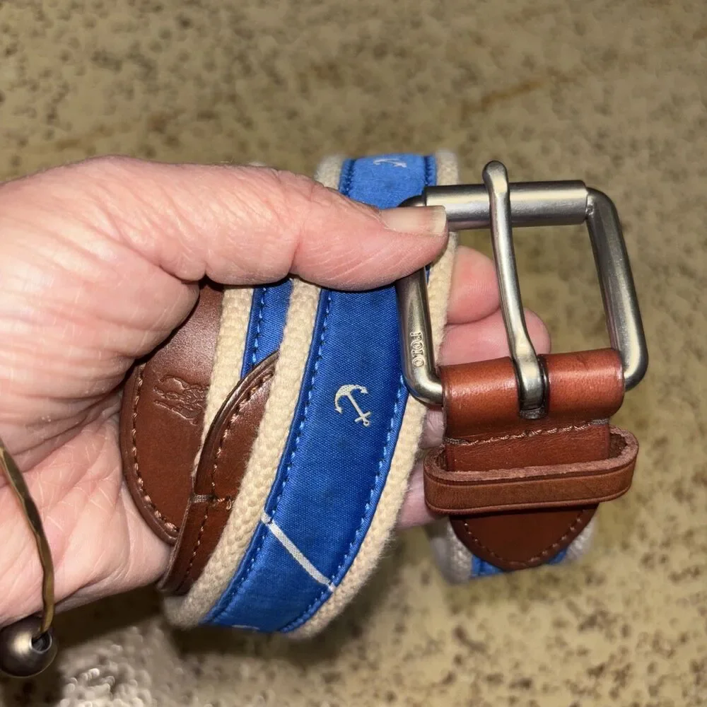 Polo Ralph Lauren Men Belt Nautical Blue Anchors Size 32 Buckle